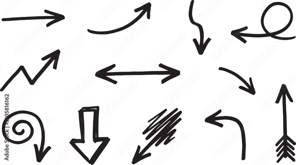 Fototapeta premium Black line arrows, circles, and zigzags on white background, lines shapes