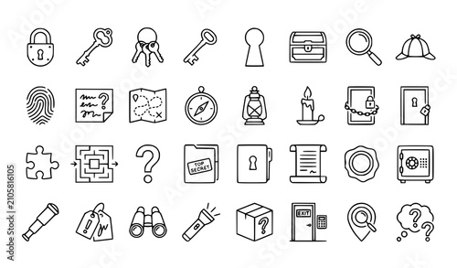 Mystery solving outline icon set with vintage padlock keys and puzzle vector