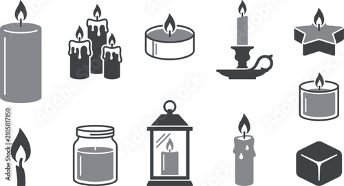 Tableau sur toile Burning candle icons set with wax flame lantern jar holder tealight star and cub