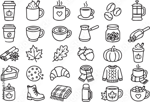 Creative vector graphic illustration collection featuring various autumn coffee icons and seasonal beverage elements drawn in a minimalist line style