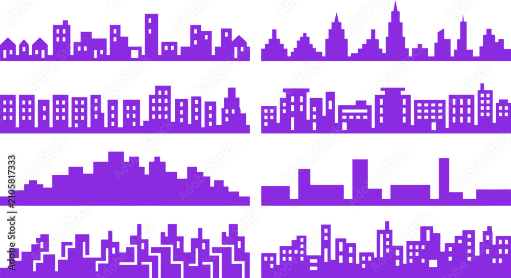 Fototapeta premium Purple City Skyline Silhouette Vector Icon Set for Urban Development, Real Estate Marketing & Architectural Design Projects (EPS)
