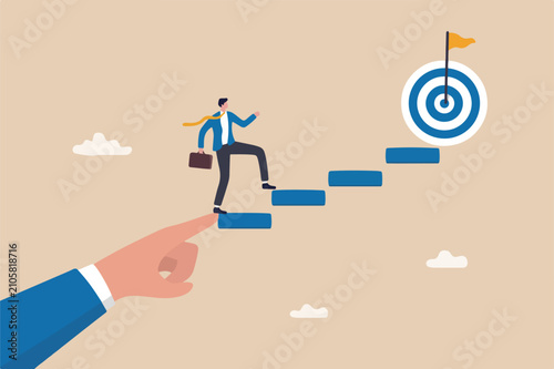 Success step, leadership or career path growth direction, motivation and determination to grow and success, stairway achieve target concept, businessman step up stairway on leader pointing hand