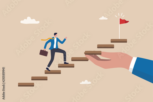Helping hand to support on career development, staircase or ladder of success concept, confidence businessman in suit walking with ambition on wooden stair with human hand help make rising stairway