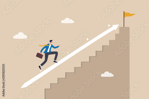 Shortcut for business success, stairway or step to career growth, get rich fast or strategy to achieve target concept, smart confidence businessman climbing up stair with special shortcut to success