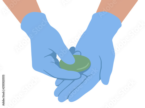 Quadro su tela Hands in gloves hold a textured green object