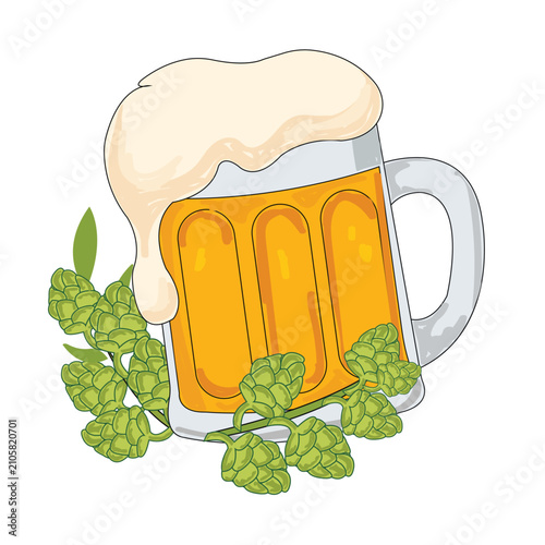 Illustration of a mug of light beer with thick foam and green hop branches in a cartoon flat style.