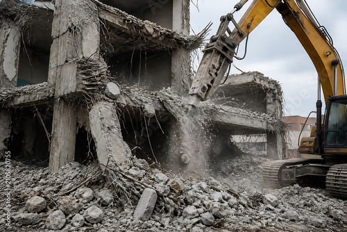 A partially demolished concrete building is being dismantled by a large yellow excavator in an outdoor, rubble-strewn setting.