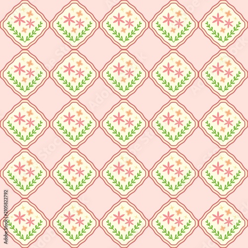 Seamless cute floral pattern with pink flowers and green leaves on soft pink background