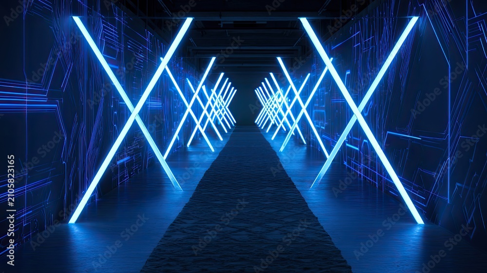 Obraz premium Futuristic blue neon light tunnel with X-shaped patterns and textured floor
