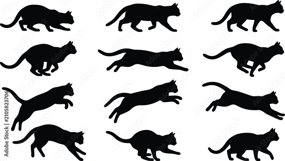 Φωτογραφία Set of black cat silhouettes in various movement poses including running jumping