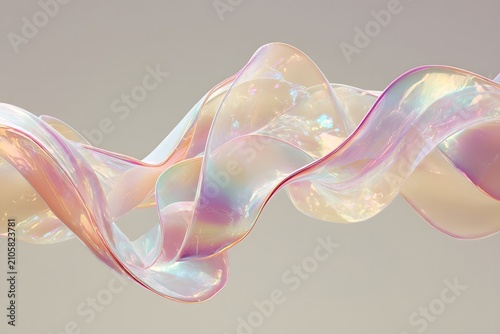 Abstract iridescent translucent ribbon waves on soft beige background