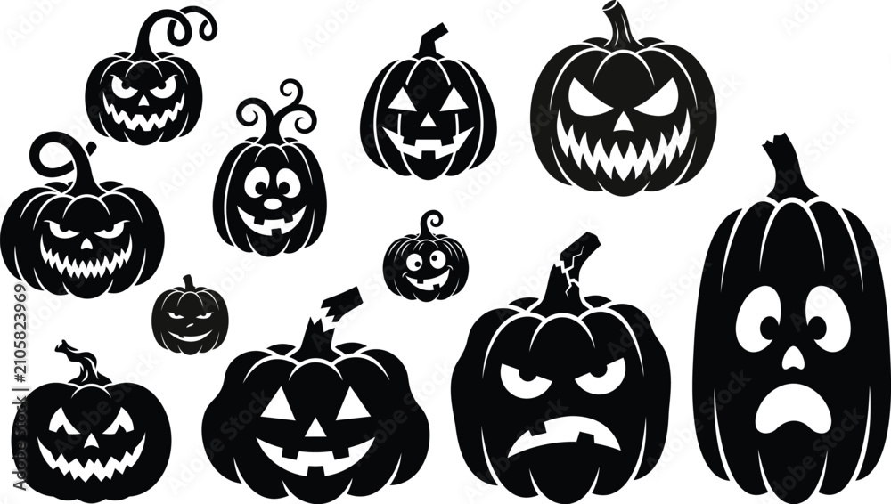 Obraz premium Spooky halloween bundle black silhouette jack o' lanterns for festive fall designs decorations