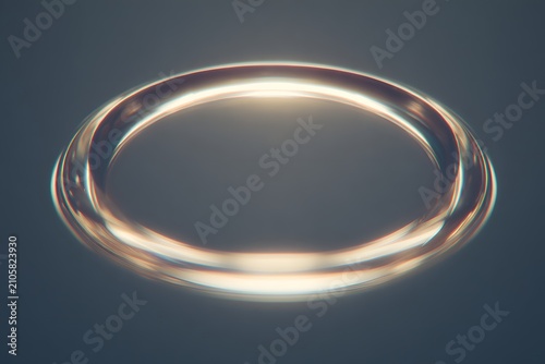 Abstract glowing metallic ring or halo on dark blue background, minimalist 3d render