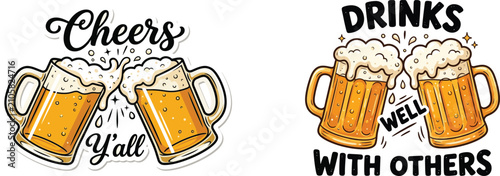 Schilderij op canvas Vintage Beer Mug Typography Set with Cheers Y'all and Drinks Well with Others Fu