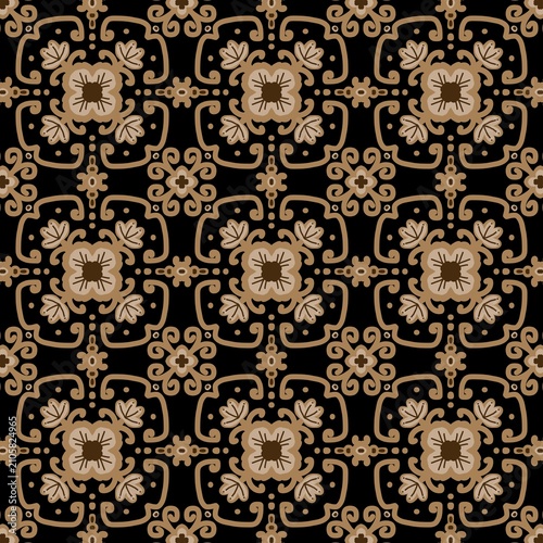 Seamless luxury brown floral ethnic tile pattern with gold ornaments on black background