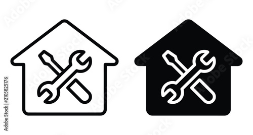 Home repair maintenance icon set featuring house silhouette with crossed wrench and screwdriver tools for renovation construction handyman service plumbing