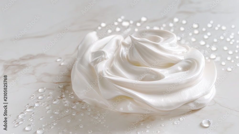 Fototapeta premium luxurious white cosmetic cream elegantly swirled into perfect silky waves, crystal water droplets, white marble surface, minimal premium skincare