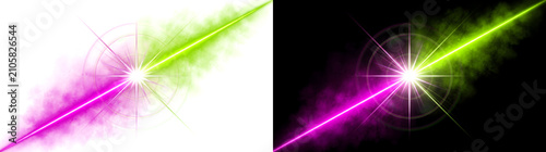 Bild auf Leinwand Pink green laser light beams cross at a bright glowing star point in PNG, Transp