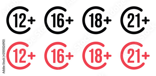 Schilderij op canvas Age Restriction Symbols: A collection of circular symbols indicating age ratings for content, with numbers 12, 16, 18, and 21 displayed in both black and red