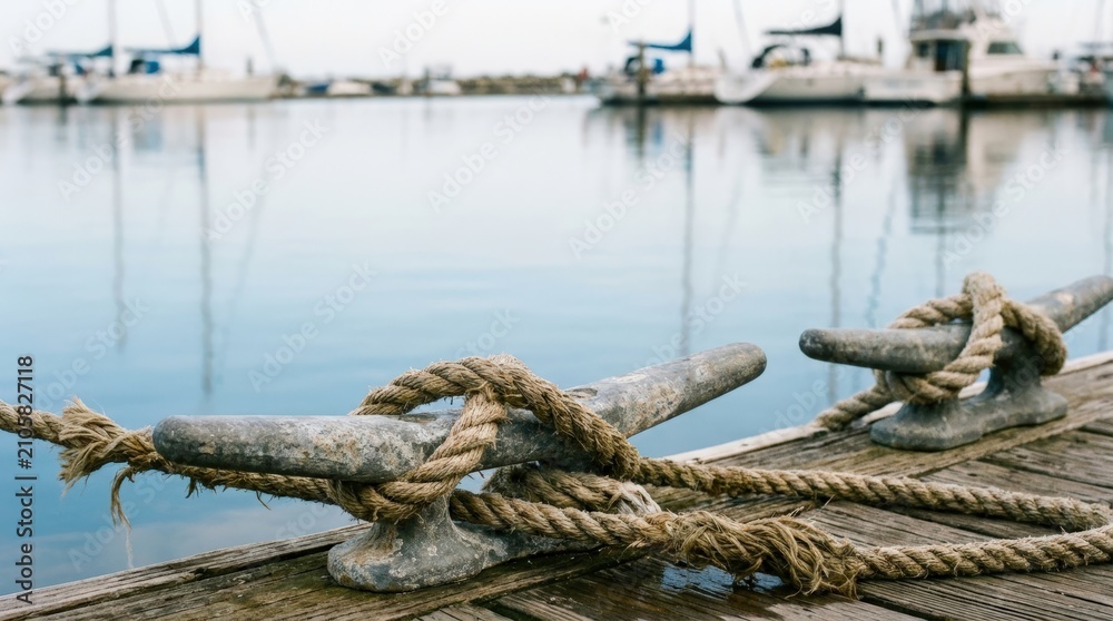 Fototapeta premium Dock cleats with mooring rope on wooden pier at marina