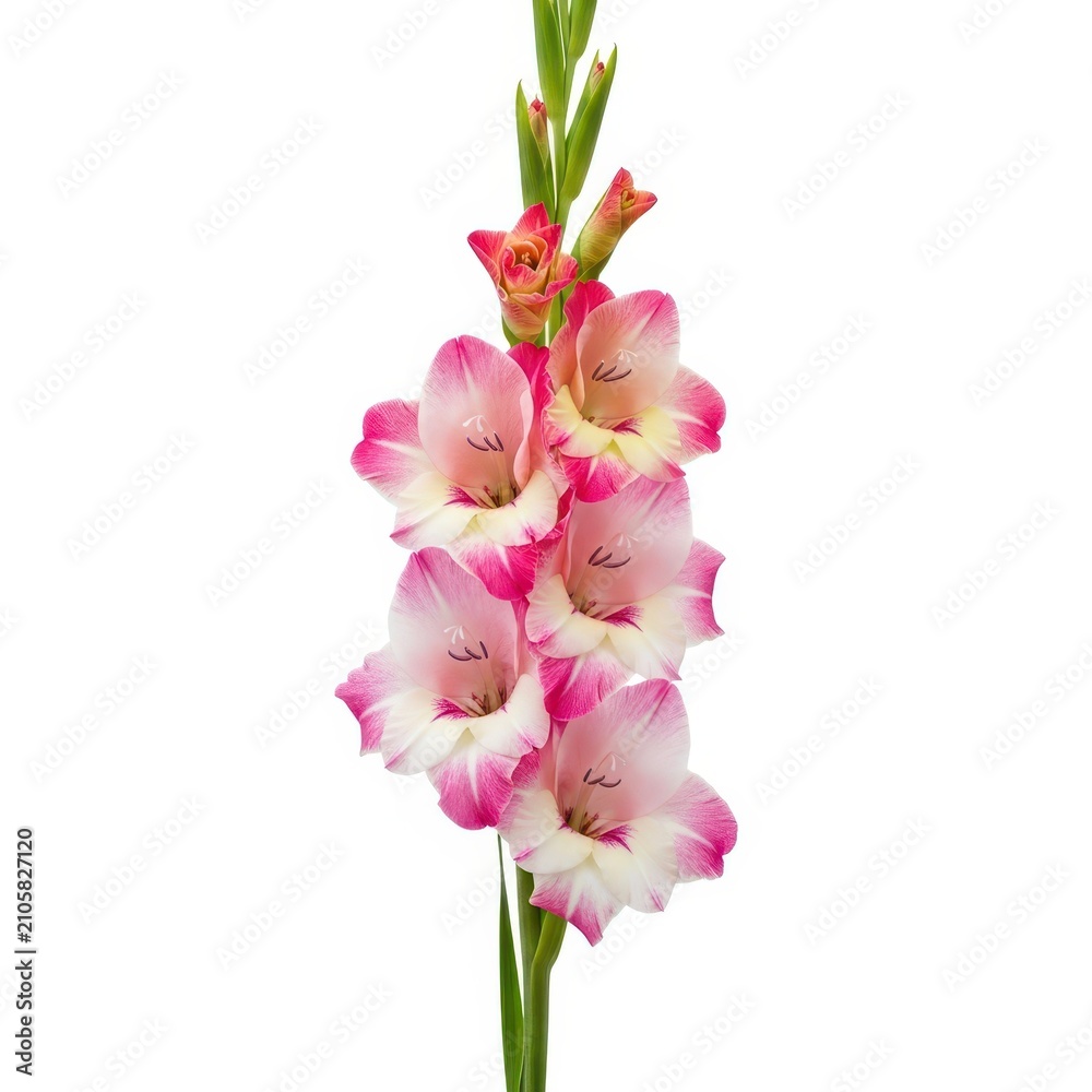 Obraz premium Pink and white gladiolus flowers in full bloom on green stems