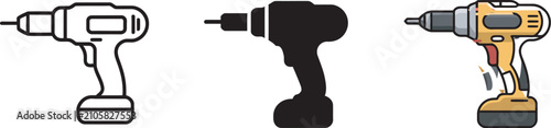 Electric power drill icon set with home improvement and carpentry tool symbols, clean vector illustration for construction equipment, maintenance services, renovation projects, engineering, 