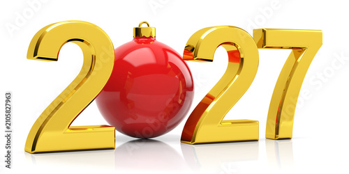 Happy new year 2027 concept with golden numbers and red christmas bauble isolated on white background