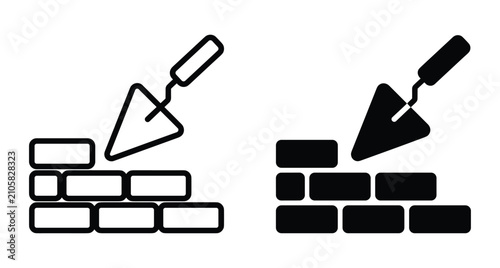 Bricklayer trowel and brick wall icon set for construction masonry building work renovation architecture project development maintenance repair services