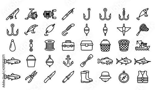 Cuadro en lienzo Simple Fishing Line Icon Set with Fish Hook Rod Reel Net Buoy and Fisherman Equi