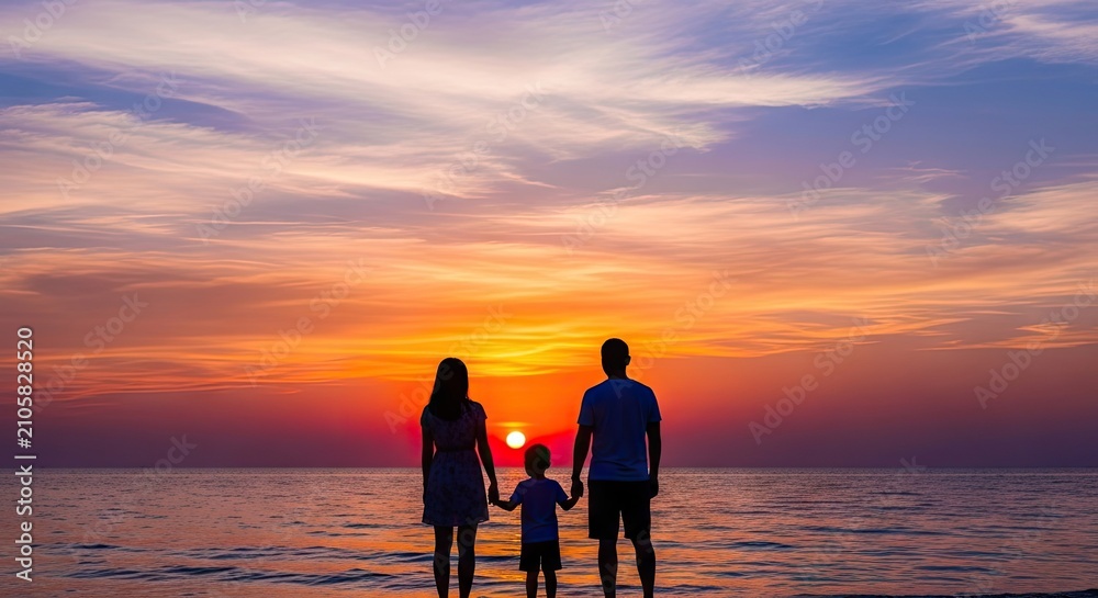 Fototapeta premium Parents and child silhouette walking on beach during sunset.