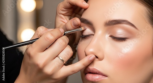 Professional makeup artist applying eyeshadow to young woman.