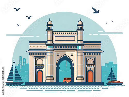 Gateway of India overlooking the Arabian Sea  centered composition  premium minimal vector illustration