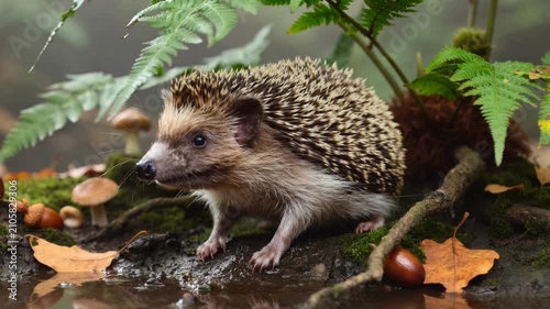Sniffing hedgehog leaning toward shallow pool at mossy log as fern droplet falls, tasting water