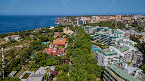 Scenic aerial view of coastal town,