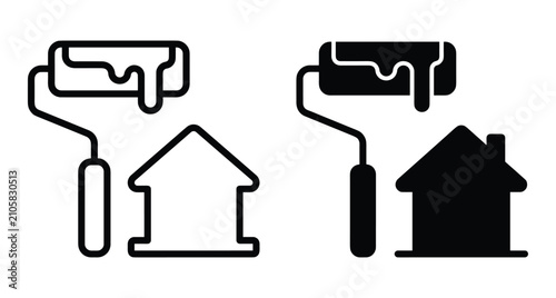 Paint roller icon set with house silhouette for home renovation maintenance construction repair service building improvement diy project wall painting