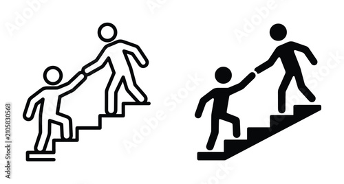 Helping hand icon showing person assisting another up stairs for teamwork support mentorship progress success leadership and career growth concept