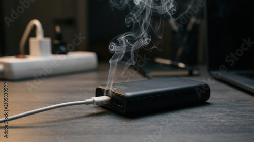 Smoking power bank connected to charging cable on desk symbolizing lithium battery overheating fire hazard electrical safety device failure charging risk and consumer electronics