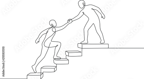 Continuous line drawing of man helping partner climb up stairs, corporate teamwork mentorship and mutual support concept vector graphic design