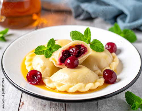 Steaming varenyky dumplings filled with red cherries, drizzled with sweet syrup and garnished with fresh mint leaves on a plate.
