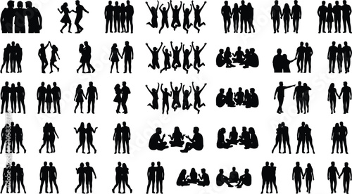 Bild auf Leinwand Large collection of diverse people silhouettes in various group interactions and