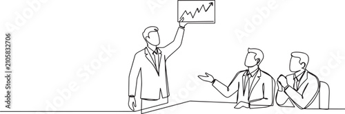 Konstfotografi Single one line drawing three businessmen in office meeting, with one presenting fluctuating chart to colleagues, discussion business strategy