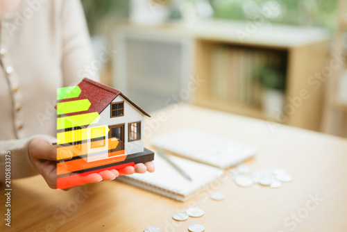 Εκτύπωση καμβά Home energy efficiency concept with a house model and energy rating, highlighting renewable energy savings, cost analysis, and sustainable investment