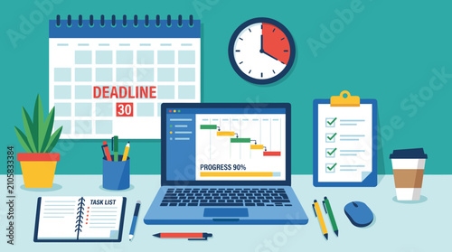 Project management workspace with deadline calendar and laptop, business productivity concept with task list and clock, office desk flat vector illustration