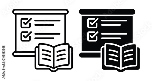 Education icon set featuring open book and presentation board with checklist marks for learning study course curriculum and academic planning