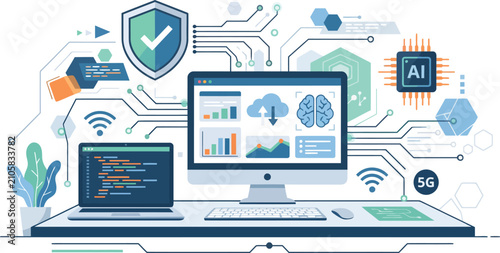 Artificial intelligence technology concept vector, digital cybersecurity and cloud computing network, high-tech data processing on computer screen