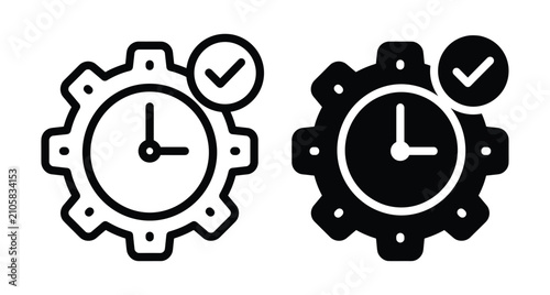 Time management gear icon set with clock face and checkmark symbol representing efficient workflow productivity optimization and task completion success