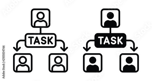 Task delegation icon set showing project manager assigning work to team members through workflow process for business management and productivity
