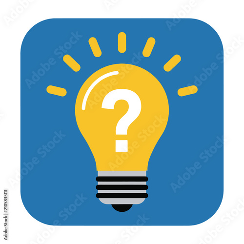 Light bulb icon with a question mark symbol inside a blue rounded square button