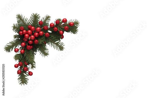 Christmas arrangement with festive red berries and evergreen pine branches creating a holiday border decoration