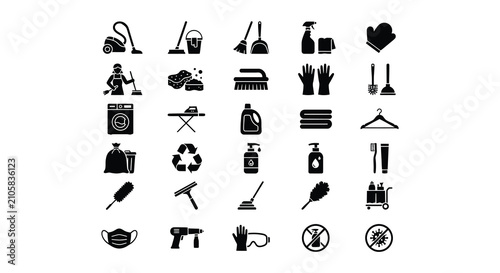Schilderij op canvas Collection Of Cleaning Equipment And Hygiene Icons In Black Silhouette janitoria